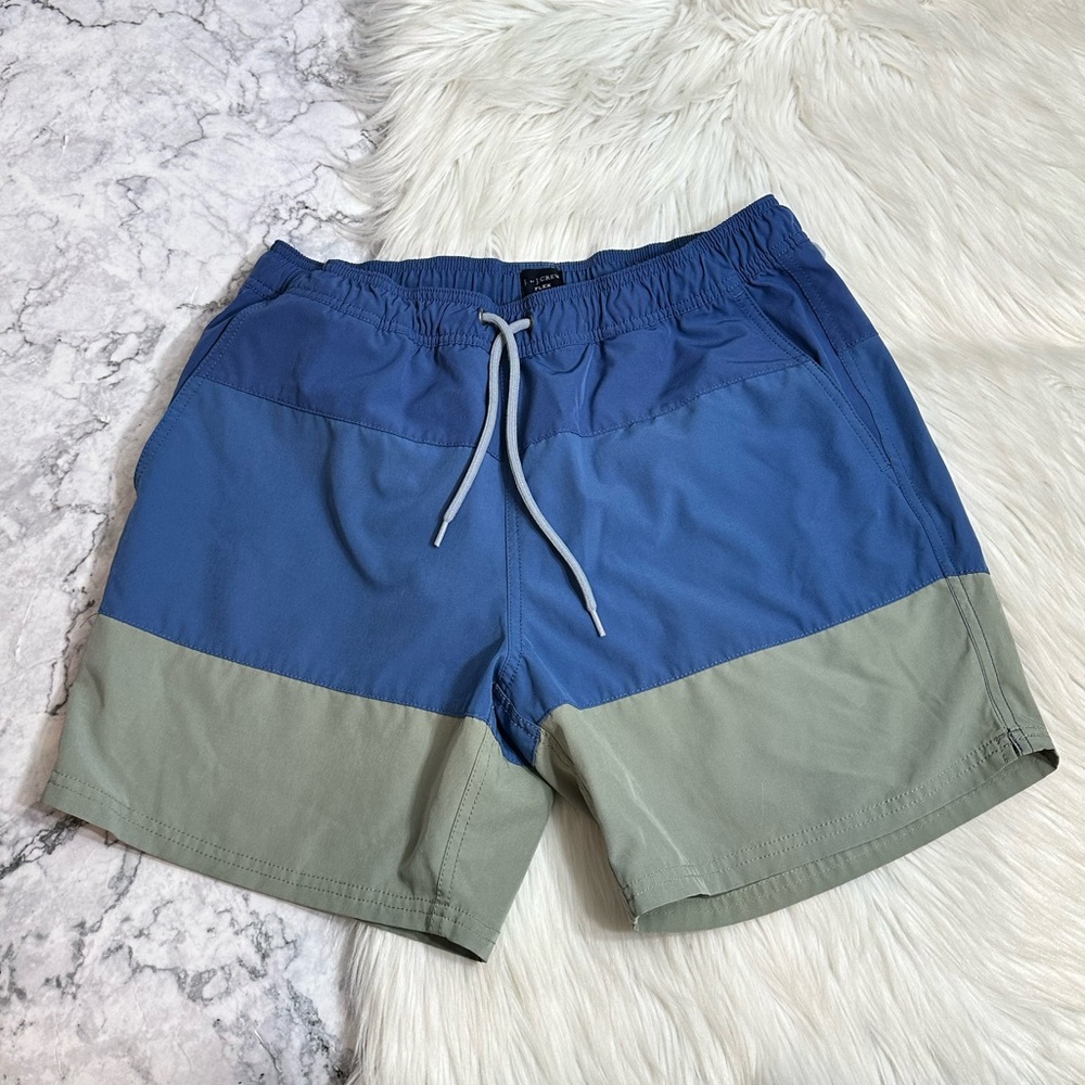 J.Crew Flex Color Block Striped Lined Shorts Trunks in blue and green medium
